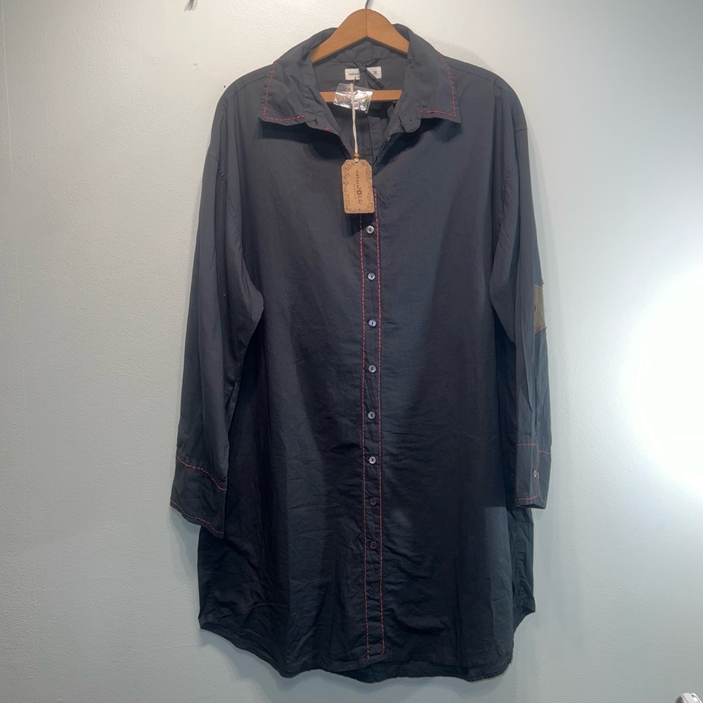 NATURAL LIFE Dark Gray Star Patch Boho Long Sleeve Mini Shirtdress Medium Cotton